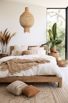 a large bed sitting in a bedroom next to a tall window with plants on it