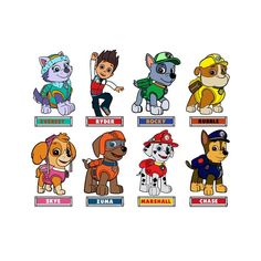 an image of cartoon dogs with name tags on the front and back of each one