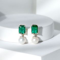 Octagon Cut Created Emerald and Freshwater Pearl Drop Earrings – Rosec Jewels Emerald Cut Emerald Earrings, Freshwater Pearl Drop Earrings, Emerald Wedding, Traditional Earrings, Sapphire Wedding, Gemstone Engagement, Emerald Earrings, Sapphire Earrings, Gemstone Engagement Rings