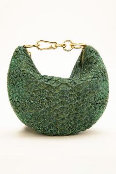 Sage green bag with Japanese bugle beads hand embroidery in scallop pattern. Comes along with a detachable chain strap. - Aza Fashions Green Evening Bags With Chain Strap, Green Clutch Evening Bag, Green Handheld Clutch With Detachable Handle, Green Pouch Clutch With Detachable Handle, Green Handheld Evening Bag With Removable Pouch, Green Crossbody Evening Bag With Detachable Handle, Green Evening Shoulder Bag With Detachable Handle, Green Shoulder Evening Bag With Detachable Handle, Elegant Green Bag With Round Handle