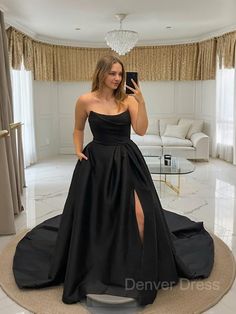 A-Line Sweetheart Court Train Satin Wedding Dress Outfits For Women with Leg Slit Black Wedding Dresses A Line, Silk Black Wedding Dress, Black Minimalist Wedding Dress, Matte Black Wedding Dress, Black Wedding Dress Accessories, Black Simple Wedding Dress, Black Strapless Wedding Dress, Satin Black Wedding Dress, Black Wedding Dress Satin