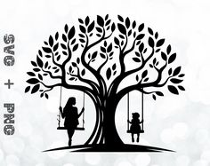 a woman sitting on a swing next to a tree with two children swinging from it