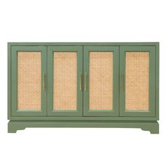 a green cabinet with three doors and wicker panels on the front, against a white background