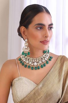 Silver tone floral jaal pattern necklace studded with moissani polki stone and green bead drops. Comes with matching pair of earrings. - Aza Fashions Green Fusion Kundan Necklace For Reception, Green Fusion Style Kundan Necklace For Reception, Green Fusion Bridal Necklace For Reception, Floral Necklace, Green Bead, Aza Fashion, Necklace Set, Silver Tone, Sparkle