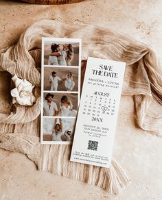 save the date cards with photos on them sitting next to a scarf and flower arrangement