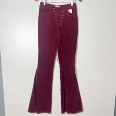 Boot Barn Dusty Red Lace Up Tie Front Velvety Corduroy Bohemian Western Flare Pants Nwt Size Small Burgundy Cotton Bottoms For Fall, Spring Burgundy Cotton Bottoms, Burgundy Mid-rise Pants For Fall, Red Corduroy Flare Pants Outfit, Mid-rise Burgundy Pants For Fall, Red Flare Pants Outfit Western, High Waist Burgundy Cotton Pants, Red Flared Pants, High Waist Red Flare Jeans