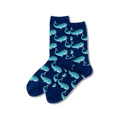 Whales Socks (Women’s) Blue Women’s Crew Sock size 9-11 (Fits shoe size 4-10.5) 46% cotton 31% polyester 21% nylon 2% spandex Hot Sox Comfortable Stretch Blue Socks, Blue Fitted Comfortable Socks, Comfortable Fitted Blue Knee-high Socks, Casual Blue Mid-calf Socks, Casual Blue Knee-high Socks, Ladies Shoe, Rubber Ducks, Funky Socks, Blue Socks