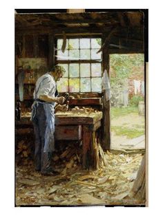 a painting of a man working in a wood shop with his hands on the table