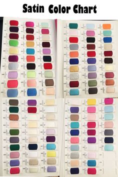 the color chart for satin colors is shown in two rows and has different colors to choose from