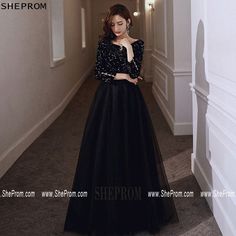 Black V-neck Holiday Evening Dress, Winter Party Floor-length Evening Dress, Winter Party Maxi Length Evening Dress, Black Cocktail Evening Dress For Winter, Formal Floor-length Winter Dress, Formal Winter Floor-length Dress, Black Sequin Dress For Banquet, Black Long Sleeve Evening Dress For Holidays, Black Long Sleeve Dresses For Prom