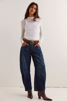 We The Free Good Luck Mid-Rise Barrel Jeans | Free People Effortless Jeans Outfit, Free People Barrel Jeans, Free People Barrel Jeans Outfit, Barrel Jeans Street Style, Dark Wash Jeans Outfit, Low Rise Baggy Jeans Outfit, Going Out Outfits Fall, Barrel Jeans Outfit, Dark Washed Jeans Outfit