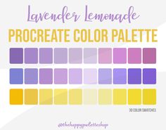 the lavender lemonade procreate color palette is shown in shades of purple, yellow and