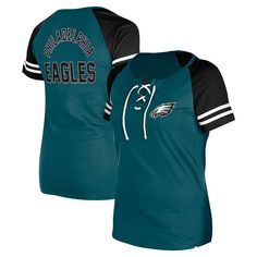 Upgrade your game day wardrobe by grabbing this Philadelphia Eagles T-shirt from New Era. It features a lace-up neckline and raglan sleeves for ease of movement. You'll be fully prepared to push the Philadelphia Eagles through to a hard-earned victory when you choose this bold tee.Upgrade your game day wardrobe by grabbing this Philadelphia Eagles T-shirt from New Era. It features a lace-up neckline and raglan sleeves for ease of movement. You'll be fully prepared to push the Philadelphia Eagles through to a hard-earned victory when you choose this bold tee.PRODUCT FEATURESRaglan sleevesLace-upBrand: New EraMaterial: 100% CottonImportedMachine wash with garment inside out, tumble dry lowOfficially licensedEmbroidered graphicsScreen print graphicsShort sleeve Color: Green. Gender: female. A Philadelphia Eagles T Shirt, Pants Shirt Men, Green Lace, Philadelphia Eagles, Pant Shirt, Black Logo, Outdoor Apparel, Shirt Sale, Game Day