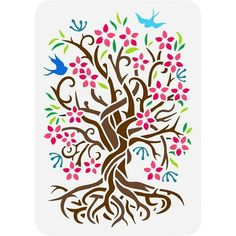 a tree with colorful flowers and birds on it's branches in the shape of a heart