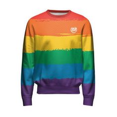 Multicolor Tops For Pride Streetwear, Multicolor Tops For Streetwear During Pride, Multicolor Tops For Streetwear And Pride, Sporty Multicolor Cotton Sweatshirt, Rainbow Print Tops For Pride, Striped Rainbow Print Crew Neck Top, Sporty Multicolor Crew Neck Sweatshirt, Multicolor Custom Print Tops For Streetwear, Multicolor Sporty Tops With Sublimation Print