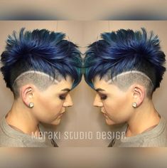 Fawk Hawk Haircut Women, Pixie Hair Colour Ideas, Womens Short Hair Undercut, Faux Pixie Haircut, Pixie Hawk Haircut, Short Hair Styles Pixie Undercut, Short Hair Color Ideas Blue, Blue Pixie Haircut, Mohawk Pixie Haircut