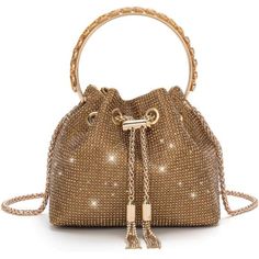 Material: Made Of Polyester And Premium Glitter Rhinestone, A Trendy Elegant Luxury Evening Bag. Structure: Size: 6.7" X 4.3" X 5.9" / 17cm X 11cm X 15cm. This Fashion Shimmering Rhinestone Purse Can Hold Your Daily Essentials Like Cell Phone, Lipstick, Make Ups, Mini Earphones, Small Wallet, Sunglasses, Keys Etc. Tassel & Drawstring Design: Protect Your Bag With A Tassel Hook & Drawstring And Tensioning The Chain Securely. The Length Of Bling Purse Can Be Adjust You Want, Use It As A Crossbody Glamorous Bucket Evening Bag, Elegant Rhinestone Bucket Bag, Chic Embellished Crystal Bag, Chic Evening Crystal Bags, Elegant Bucket Bag With Rhinestones, Glamorous Bucket Evening Bag For Events, Glamorous Evening Bags With Crystal, Evening Bucket Bags With Rhinestones, Evening Bucket Bag With Rhinestones