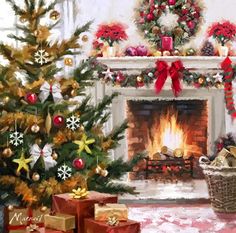 a painting of a christmas tree and fireplace with presents in front of the fire place