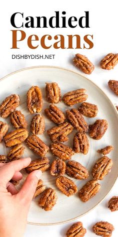 a plate with candied pecans on it and the title reads, candyish net