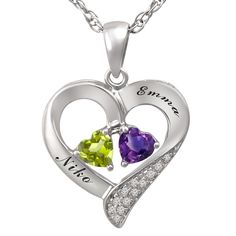 Express your affection with this gorgeous couple's necklace featuring two heart-shaped birthstones nestled at the center of a heart pendant. White lab-created sapphires add sparkle to the design, which is crafted in your choice of metal. The pendant can be customized with your names (up to 10 letters each) for an extra personal touch. May Birthstone Heart Pendant Necklace, Heart Pendant Necklace For Anniversary With May Birthstone, Anniversary Heart Pendant Necklace With May Birthstone, Anniversary Heart Pendant Necklace For May Birthstone, Anniversary Heart Necklace With May Birthstone, White Gold Birthstone Pendant Necklace For Anniversary, Sterling Silver Heart Pendant Birthstone Necklace, Heart Pendant Birthstone Necklace For May, Silver Heart-shaped Birthstone Necklace For Anniversary