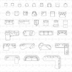 a bunch of furniture that is drawn in line and filled with different things to see