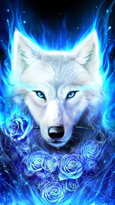 a white wolf with blue eyes surrounded by roses