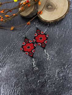 Adjustable Red Flower Beaded Earrings, Unique Red Flower Earrings, Handmade Red Pendant Earrings, Elegant Red Beaded Flower Earrings, Red Bohemian Dangle Flower Earrings, Red Bohemian Drop Flower Earrings, Red Beaded Dangle Flower Earrings, Elegant Red Handmade Flower Earrings, Handmade Red Flower Beaded Earrings