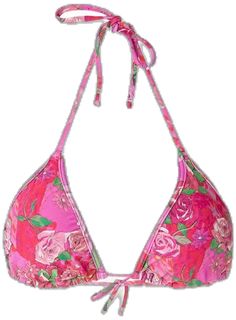 Pink Padded Swimwear For Summer, Pink Padded Cup Swimwear For Summer, Feminine Floral Print Swimwear For Sunbathing, Pink Floral Print Tie-side Swimwear, Feminine Triangle Top Swimwear For Beach Season, Feminine Triangle Top Swimwear For Poolside, Feminine Floral Swimwear For Beach Season, Feminine Triangle Top Swimwear For Pool, Feminine Floral Print Swimwear For Beach Season