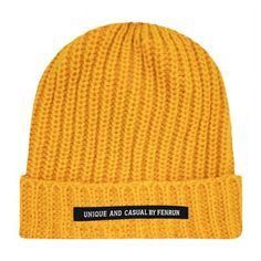 a yellow knitted beanie hat with the words unique and casual fern on it