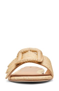 Named for the ever-charming kiwi bird, this slide sandal charms as well with its scallop-edged strap cinched with an oversized statement buckle. Flat sole Leather upper and lining/rubber and synthetic sole Imported Latinx Owned/Founded Beach Woven Leather Flat Slides, Straw Slip-on Slides For Beach, Chic Straw Sandals With Cork-bed Midsoles, Adjustable Slip-on Slides With Woven Sole, Adjustable Woven Sole Slip-on Slides, Kiwi Bird, Sandal Women, Birdy, Slide Sandals