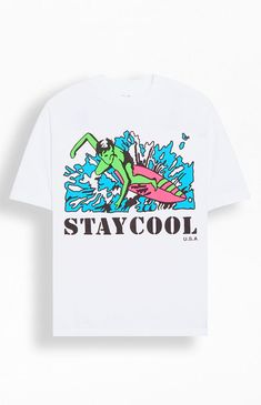 The Surf T-Shirt from STAYCOOLNYC brings a splash of retro fun to your wardrobe. It features short sleeves, a crew neckline, and a colorful surf-inspired graphic on the front, perfect for adding some vintage vibes to your look.Solid color teeShort sleevesCrew necklineFront graphicStandard fitMachine washable STAYCOOLNYC Mens Surf T-Shirt - White size Medium Gaming Tees, Surf Design, Surf Tshirt, Vintage Surf, Top Graphic Tees, Vintage Vibes, Shirt White, Pacsun, Surfboard