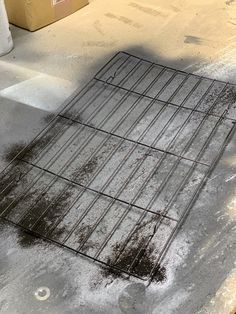 a metal grate sitting on the ground next to a fire hydrant with snow all over it