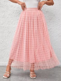 Rosa Bebê Casual Collar  Tecido de malha Simples Flared / Alargado Embellished Elasticidade Baixa Primavera / Verão Long Pink Skirt, Business Casual Minimalist, Character Clothes, Skirt Flowy, Preppy Prom, Mesh Overlay Dress, Trendy Business Casual, Business Formal Dress, Coachella Dress