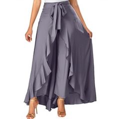 High Waist Asymmetric Ruffled Hem Long Skirt Flowy Long Skirt With Layered Hem, Layered Hem Bottoms For Summer Party, Chic High-waist Skirt With Ruffle Hem, Flowy Asymmetrical Maxi Skirt With Ruffle Hem, Summer Party Bottoms With Layered Hem, Chic High Waist Skirt With Ruffle Hem, Summer Ruffled Long Skirt, Flowy Long Skirt With Ruffle Hem, Spring Party Wide-leg Maxi Skirt