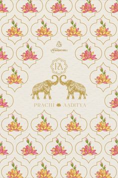 an elephant and lotus pattern with the words peach aadiya written in gold on it