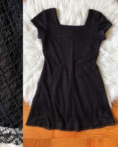 90's black lace overlay mini dress by Rhapsody Ltd  Fit and flare with a square neckline. Black lace with black polyester lining, has a little stretch to it. Good condition overall with some normal minor wear to the lace in some spots. No tag size, seems around a M/L. ☻  36"-40" bust, 30"-32" waist, 40"-43" hip, 34" total length Stretch Mini Dress With Lace Patchwork, Fitted Mini Dress With Scalloped Lace, Lace Mini Dress With Square Neck For Party, Fitted Lace Dress With Square Neck For Party, Square Neck Lace Dress With Lace Patchwork, Square Neck Lace Patchwork Party Dress, Black Stretch Mini Dress With Lace Trim, Lace Mini Dress With Square Neck And Patchwork, Fitted Lace Mini Dress With Lining