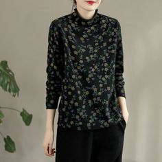 Autumn Retro Floral Turtleneck Cotton Knitted Sweater Trendy Winter Floral Print Tops, Casual Floral Print Tops For Winter, Trendy Floral Print Tops For Winter, Black Non-stretch Winter Sweater, Non-stretch Black Cotton Tops, Black Cotton Turtleneck Sweater, Winter Stretch Floral Print Tops, Winter Floral Print Cotton Tops, Black Crew Neck Sweater For Spring