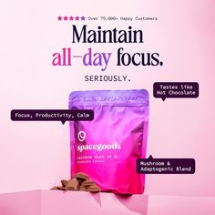 a bag of chocolate chips sitting on top of a pink box with the words, maintain all - day focus seriously