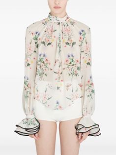 Giambattista Valli floral-print Silk Blouse | Neutrals | FARFETCH Printed Silk Blouses, Wardrobe Edit, Giambattista Valli, Boots Fall, Exclusive Fashion, Lady Dior, Coat Dress, Silk Blouse, Silk Printing