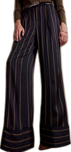 Chic Vertical Stripes Loungewear Bottoms, Chic Striped Wide Leg Pants For Loungewear, Striped Wide-leg Pants For Business Casual, Chic Loungewear Pants With Vertical Stripes, Chic Striped Pants For Loungewear, Elegant Striped High-waisted Pants, Classic Striped Wide-leg Pants, Elegant Striped Long Pants, Elegant Wide-leg Striped Pants