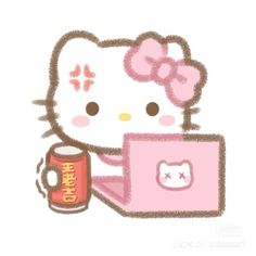 a drawing of a hello kitty on a laptop with a beer in front of it