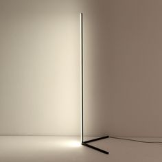 the floor lamp is lit up in an empty room with no one around it,