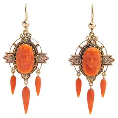 Pair of Victorian Coral Cameo Drop Earrings For Sale at 1stDibs Victorian Cameo Yellow Gold Earrings, Carved Yellow Gold Earrings For Formal Occasions, Formal Carved Yellow Gold Earrings, Formal Carved Earrings, Elegant Carved Orange Jewelry, Elegant Orange Carved Jewelry, Coral Drop Earrings, Victorian Earrings, Shepherds Hook