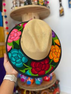 Mexican Embroidered hat Made by Artisan in Chiapas Mexico! Medium Size Traditional Woven Hats For Spring, Multicolor Embroidered Hats For Spring, Traditional Embroidered Hats For Spring, Handmade Adjustable Hat With Multicolor Embroidery, Traditional Wide Brim Embroidered Hat, Traditional Embroidered Brimmed Hat, Traditional Embroidered Spring Hats, Bohemian Multicolor Embroidered Hat For Festival, Beach Hats With Floral Embroidery And Wide Brim