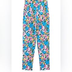 New With Tag Multicolor High-waisted Floral Print Pants, Blue Floral Print Pants For Spring, Spring Blue Floral Print Pants, High Waist Multicolor Floral Pants, High Waist Multicolor Floral Print Pants, High-waist Multicolor Floral Print Pants, Blue Floral Print Straight Leg Bottoms, Summer Floral Print Tapered Leg Bottoms, Blue Floral Print Trousers