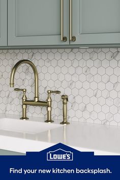 a kitchen sink with the words find your new kitchen backsplash in blue and white