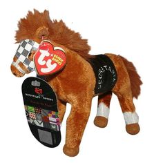 a stuffed horse with a tag on it's neck