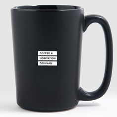 a black coffee mug with the words coffee and motivation company on it's side