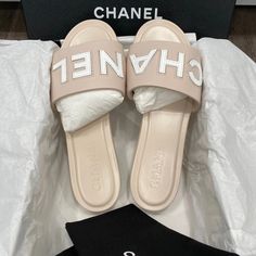 Chanel Beige Leather Cc Logo Slides Size Reference 38 It= 7.5 Us New In Box With Dust Bags Luxury Beige Slip-on Sandals, Designer Beige Slip-on Sandals, Luxury Cream Almond Toe Sandals, Luxury Beige Calf Leather Sandals, Designer Beige Calf Leather Sandals, Designer Beige Sandals With Leather Sole, Embroidery Sandals, Chanel Slides, Logo Beige