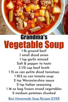 a bowl of vegetable soup is shown with the recipe in front of it and an image of